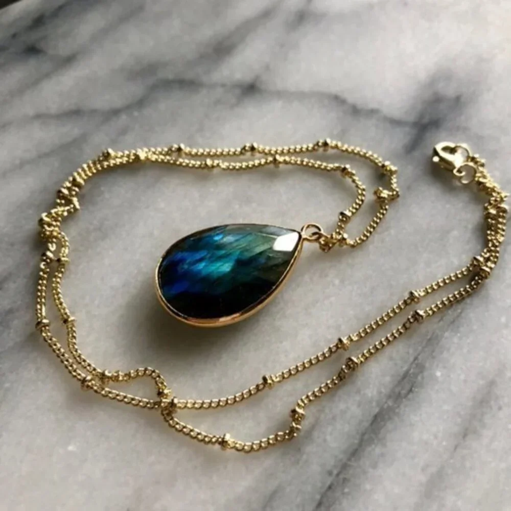 RESTOCKED! Labradorite Nebula 14K GP Boho Necklace Green/Blue Gemstone Handmade